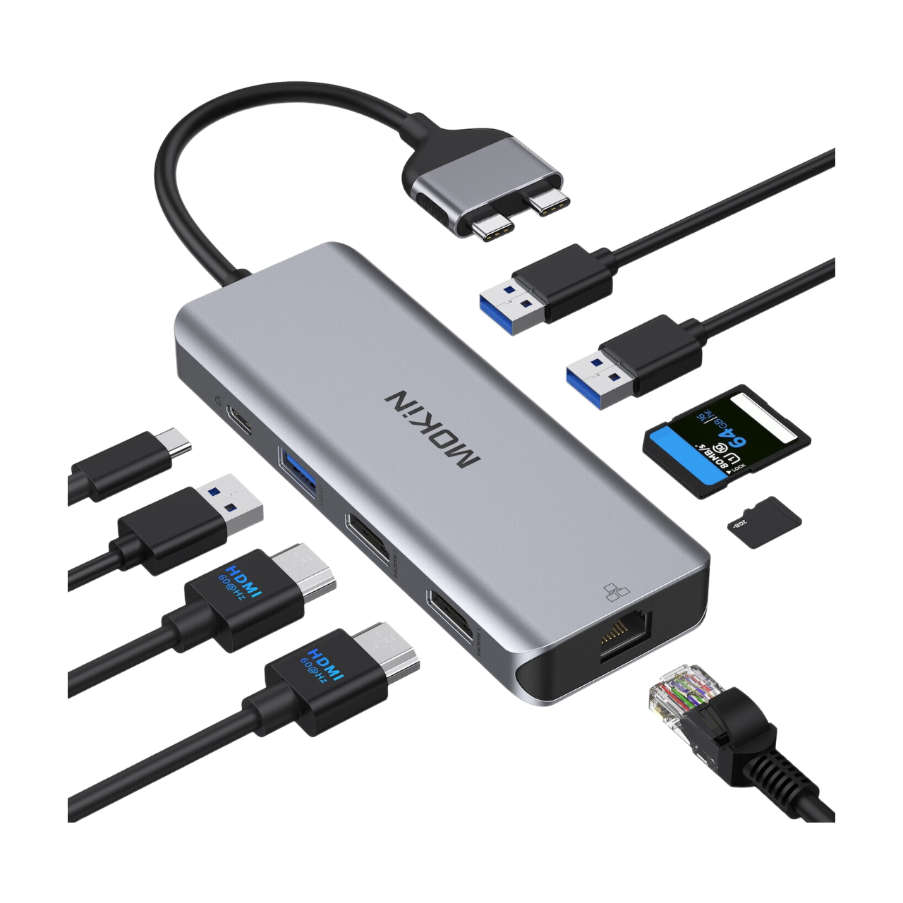 Mokin Adaptateur double USB C vers 2 x HDMI + 2 x USB3.0 + USB2.0 + RJ45 + SD/TF + PD