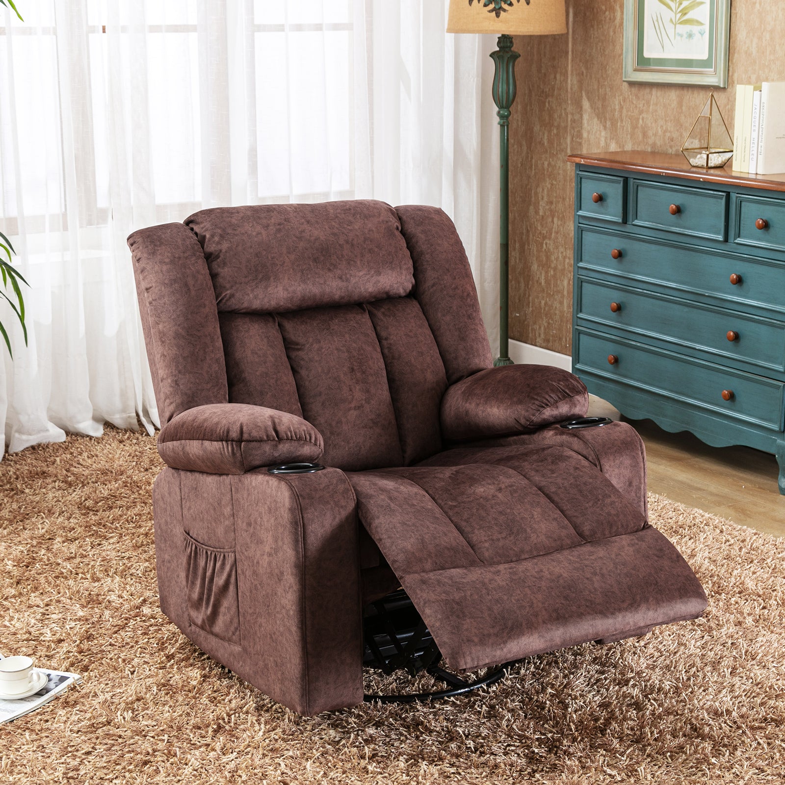 COMHOMA Chaise de relaxation manuelle pivotante pour adultes avec dossier réglable et repose-pieds, chaise de salon 361°, porte-gobelet, poches latérales, tissu doux, ergonomique, marron