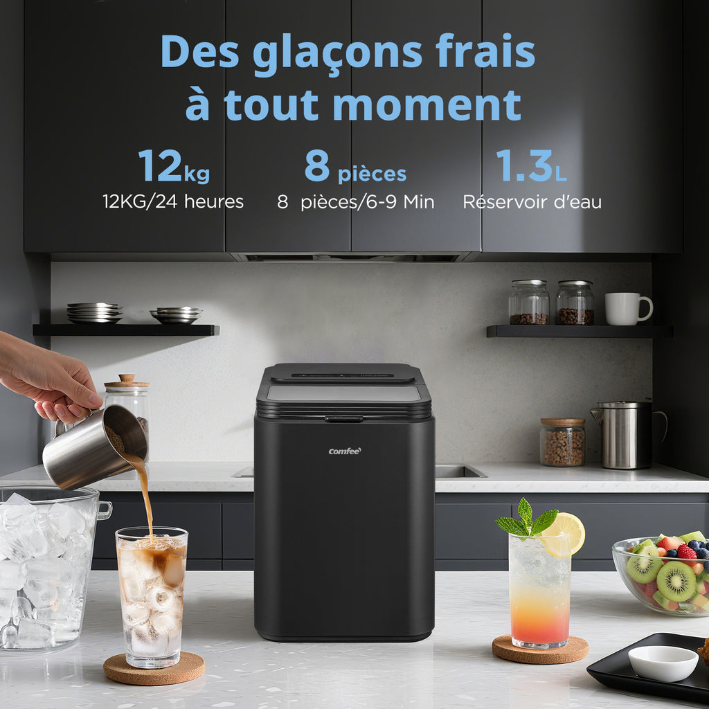 Comfee' RCI12BL1EU(E) Machine à glaçons, 8 glaçons en 6 min, 12 kg/24 h, réservoir d'eau 1,3 L, fonction autonettoyante, machine compacte à glaçons cylindriques