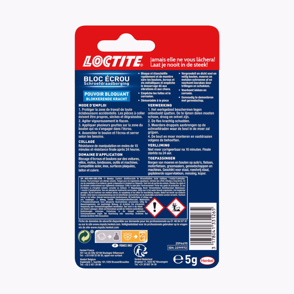 Henkel LOCTITE Colle Bloc Écrou (flacon 5 ml) - Résine autobloquante pour éviter le desserage par vibration de boulons, écrous, vis