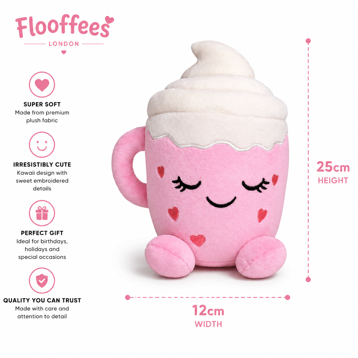 Flooffees Mug en peluche rose de Londres – Jouet en peluche mignon et doux avec nappage à la crème fouettée, 25 cm, compagnon de bureau câlin, décoration pour chambre et cadeau pour enfants