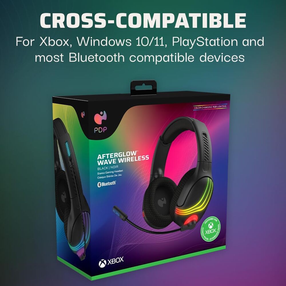 PDP Casque sans Fil Afterglow Wave Xbox one et Series X|S - RGB Personnalisable - Haut-Parleurs 50 mm - Bluetooth et Dongle Faible Latence - Micro Réducteur de Bruit - Licence Officielle - Noir