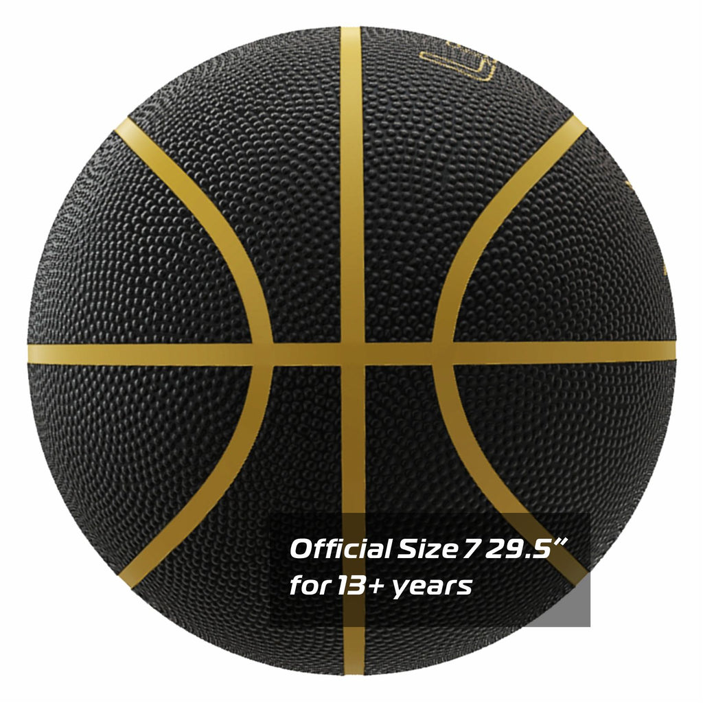 LONGSAIL Ballon de basket-ball en caoutchouc haute qualité (29,5 po) Taille 7 Noir/Or