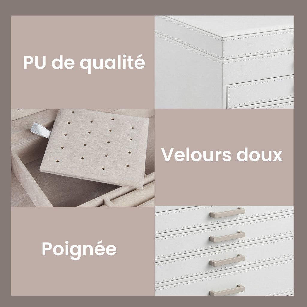 JOYFURNOS Boîte à Bijoux 6 Niveaux, Écrin à Accessoires, avec Grand Miroir, 5 Tiroirs, Rangement pour Bijoux, Moderne, Blanc