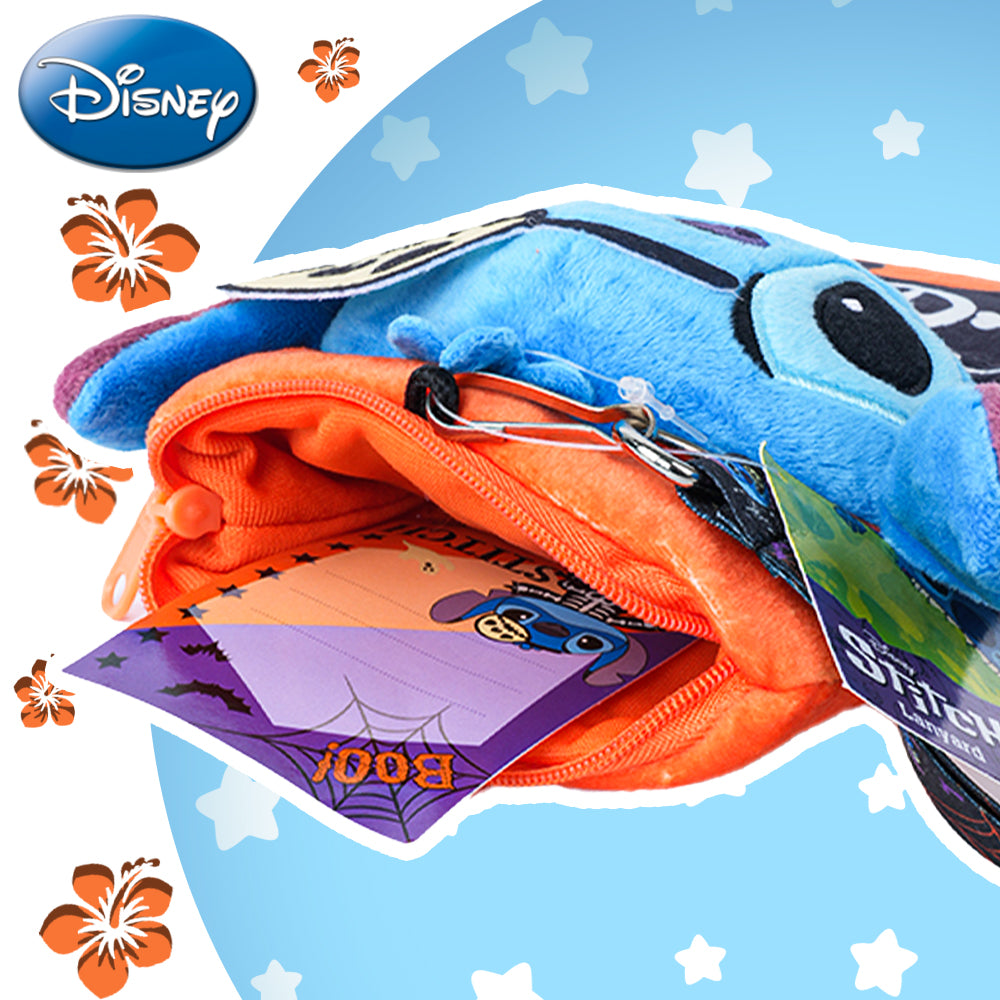 Disney 1 pièce Porte-carte Stitch Halloween en peluche avec tour de cou, sous licence officielle, thème effrayant squelette et toile d'araignée