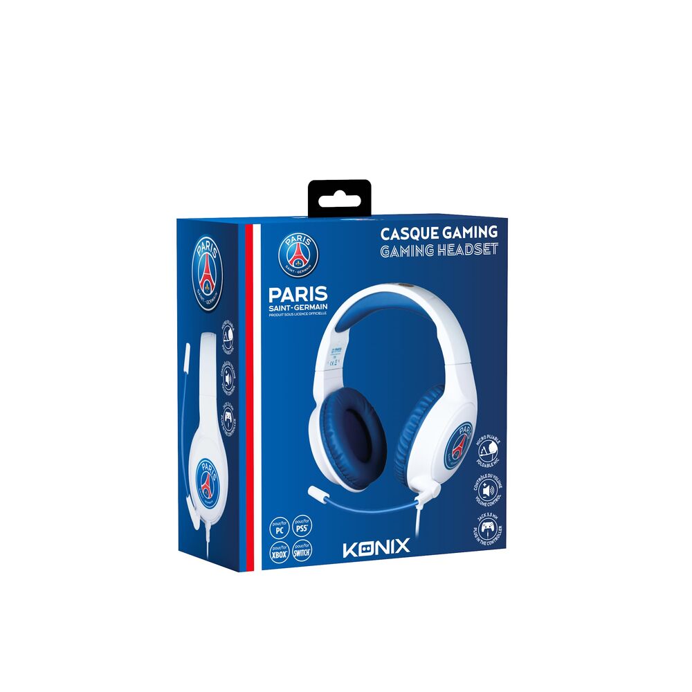 Konix Casque gaming filaire PSG - PC/PS5/Switch 2/Xbox Series - Microphone 45°, Câble 1.5m, Prise Jack 3.5mm - Blanc et bleu