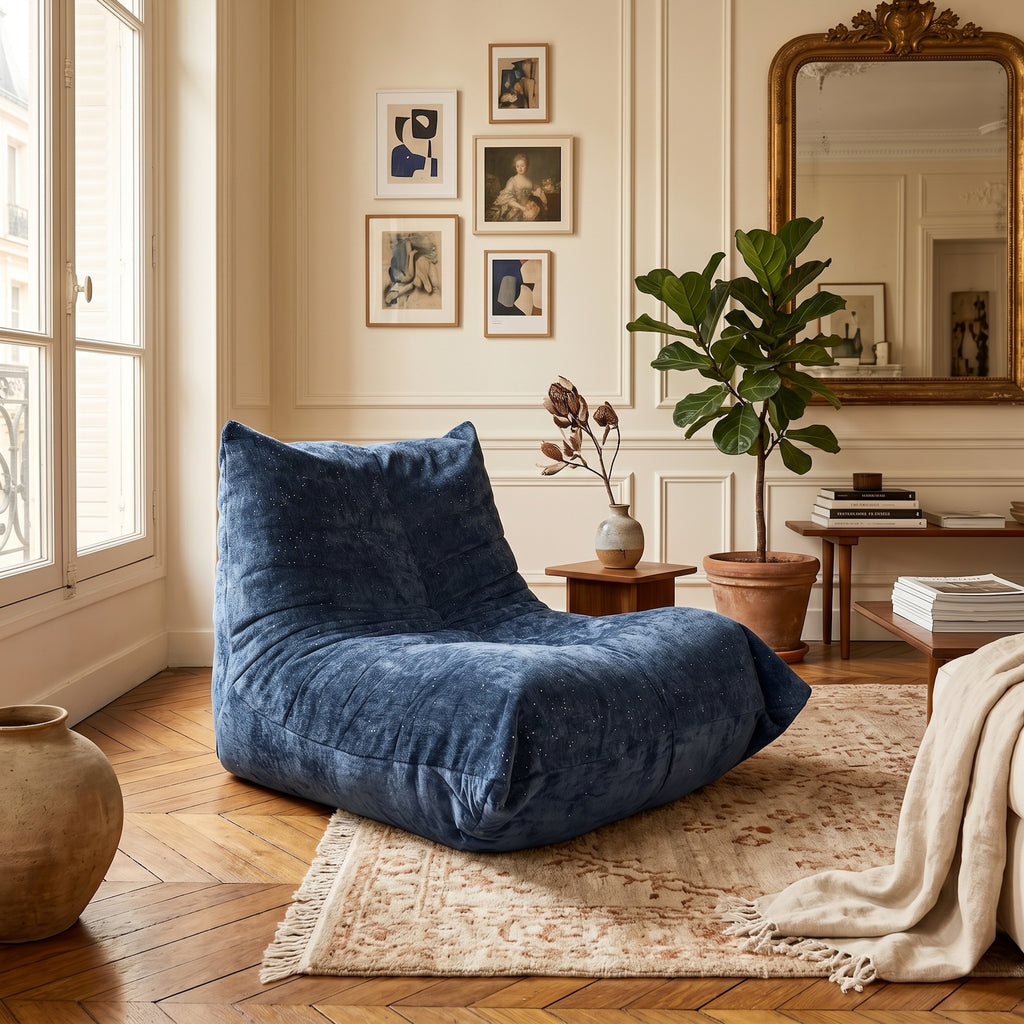 URBAN MEUBLE Fauteuil Lounge en Chenille à Fils Argentés de Luxe (Bleu, 90x100x80cm)