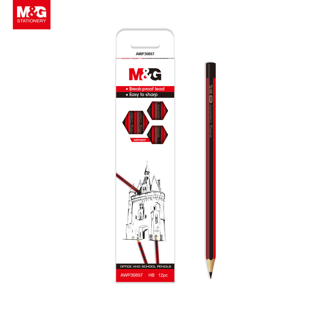 M&G Lot de 12 crayons graphite HB en bois - Rayures rouges et noires