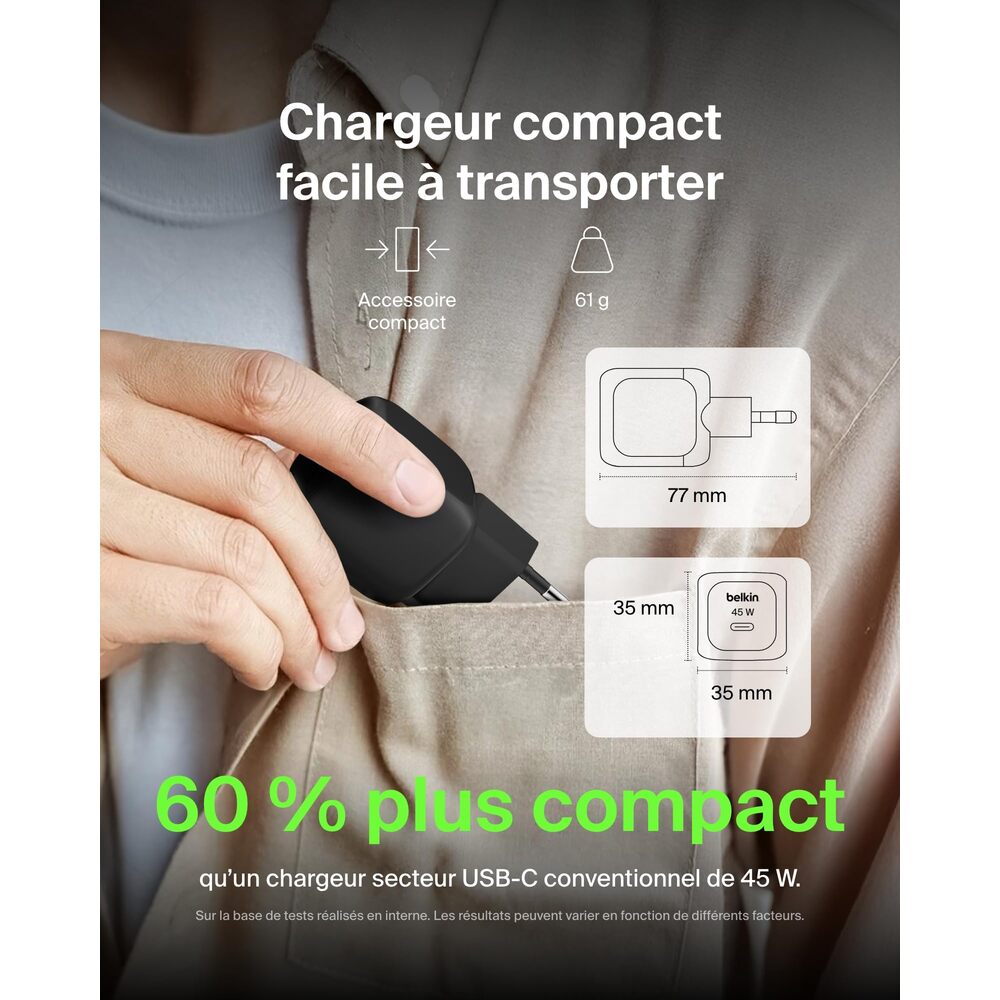 Belkin BoostCharge 45 W Chargeur Compact avec Câble de Charge Rapide USB-C vers USB-C (Prend en Charge iPhone 16/15/14, Galaxy S25/S24, Pixel 9, iPad, AirPods, etc., Noir)