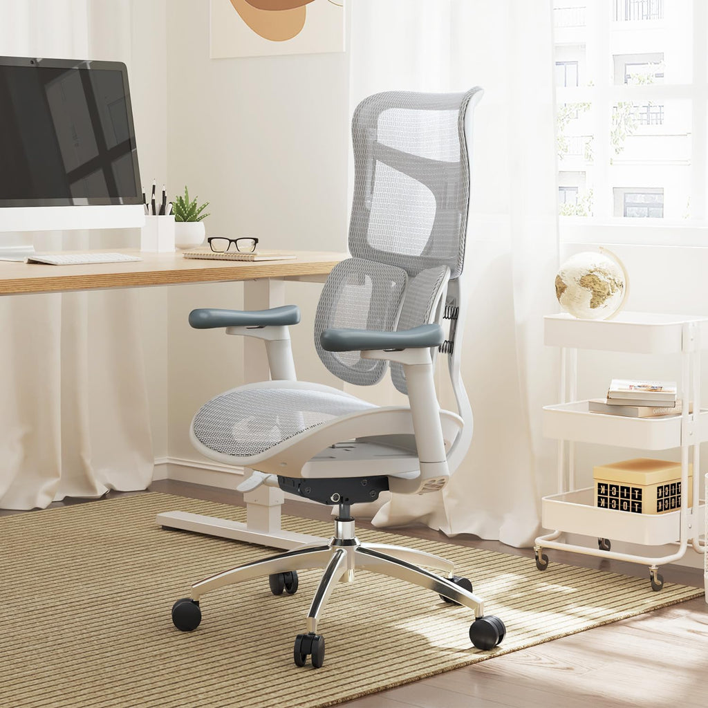 SIHOO Doro S100 Chaise de bureau ergonomique avec double soutien lombaire dynamique, dossier réglable sur 5 positions, accoudoirs coordonnés 4D, angle d’inclinaison max. 135°, convient pour le bureau à domicile, S100 blanc