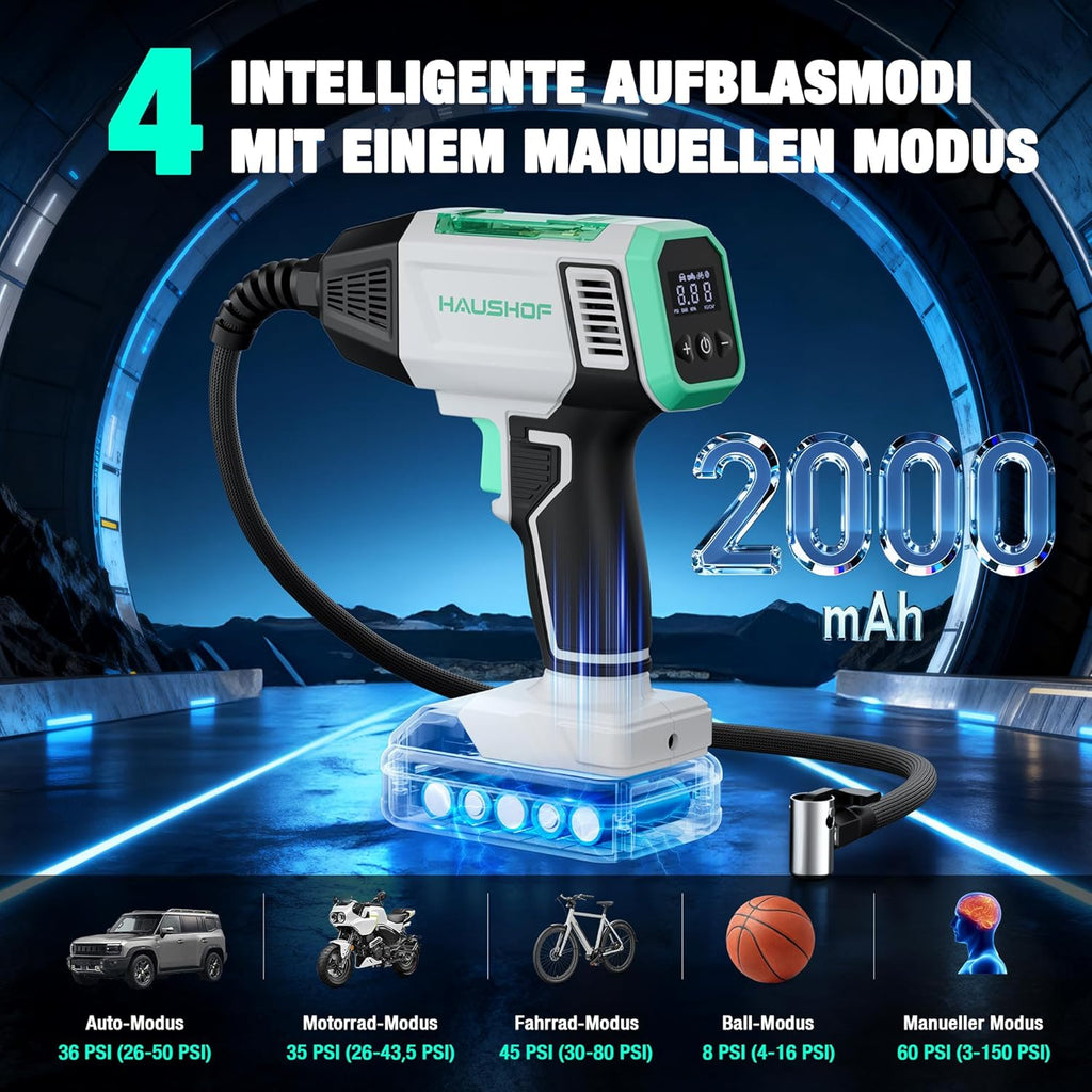 HAUSHOF Compresseur sans fil pour voitures Pompe à air portable avec batterie 2000 mAh 4 modes intelligents + mode manuel Affichage numérique Arrêt automatique pour pneus motos vélos ballons