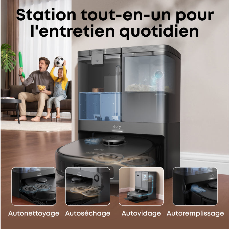 eufy X10 Pro Omni Aspirateur robot laveur avec station d'aspiration, 8 000 Pa, Vidage/remplissage automatiques, 2 serpillières à relevage automatique avec lavage/séchage automatiques