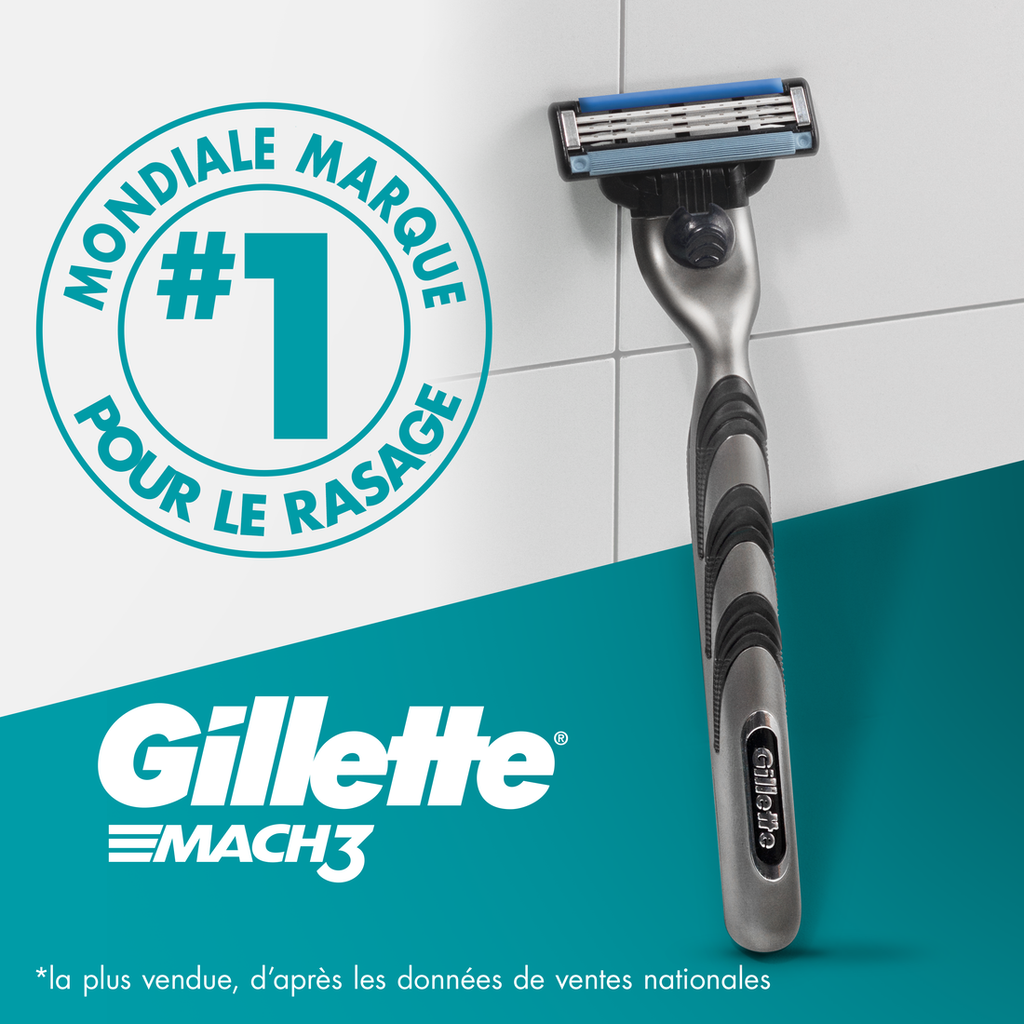 Gillette Rasoir Homme Mach 3, avec 3 Recharges, Noir | Manche Réutilisable, Cartouche à 3 Lames en Acier Inoxydable, Bande Lubrifiante, 1 Recharge Jusqu’à 15 Rasages
