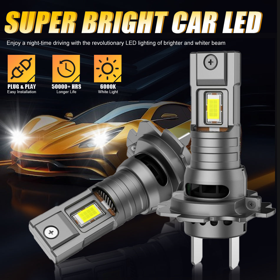 Bullvision Ampoules de phare H7, 17000 lm, 6000 K blanc froid, format mini 1:1, ampoule H7 avec ventilateur de refroidissement, conception sans fil H7 pour feux de croisement et de route, lot de 2