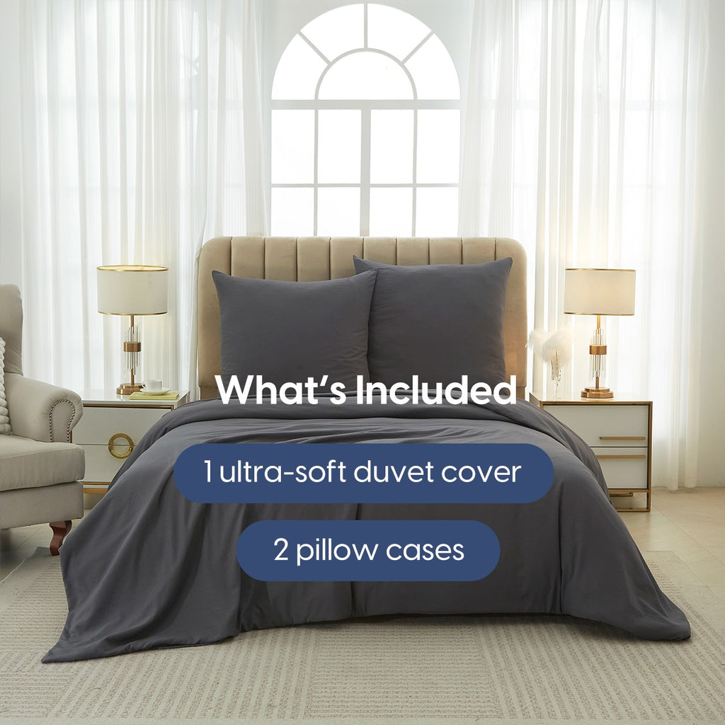 Meeallhome Parure de housse de couette lavée brossée, 155 x 220 cm/80 x 80 cm x 2, Gris foncé