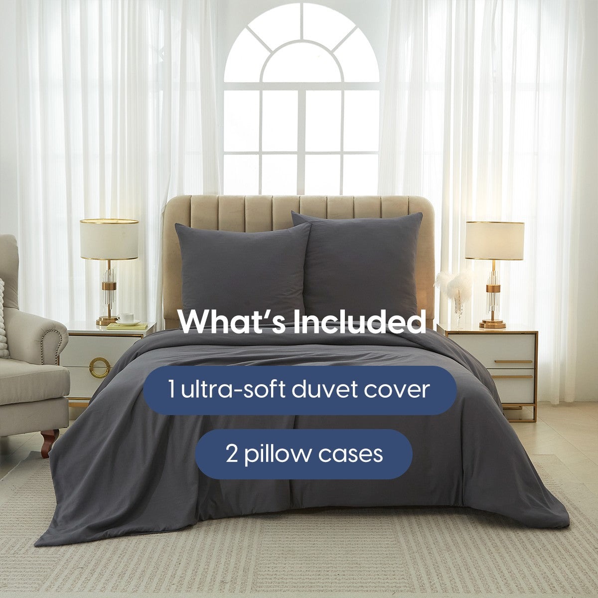 Meeallhome Parure de housse de couette lavée brossée, 155 x 220 cm/80 x 80 cm x 2, Gris foncé