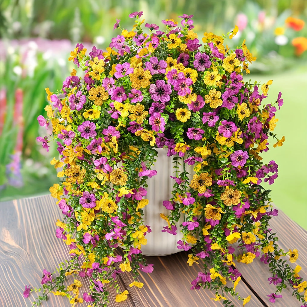 Yuejia 4 pièces 29,5 po/75 cm Fleurs et plantes artificielles suspendues pour décoration extérieure, Faux chrysanthèmes et violettes avec eucalyptus