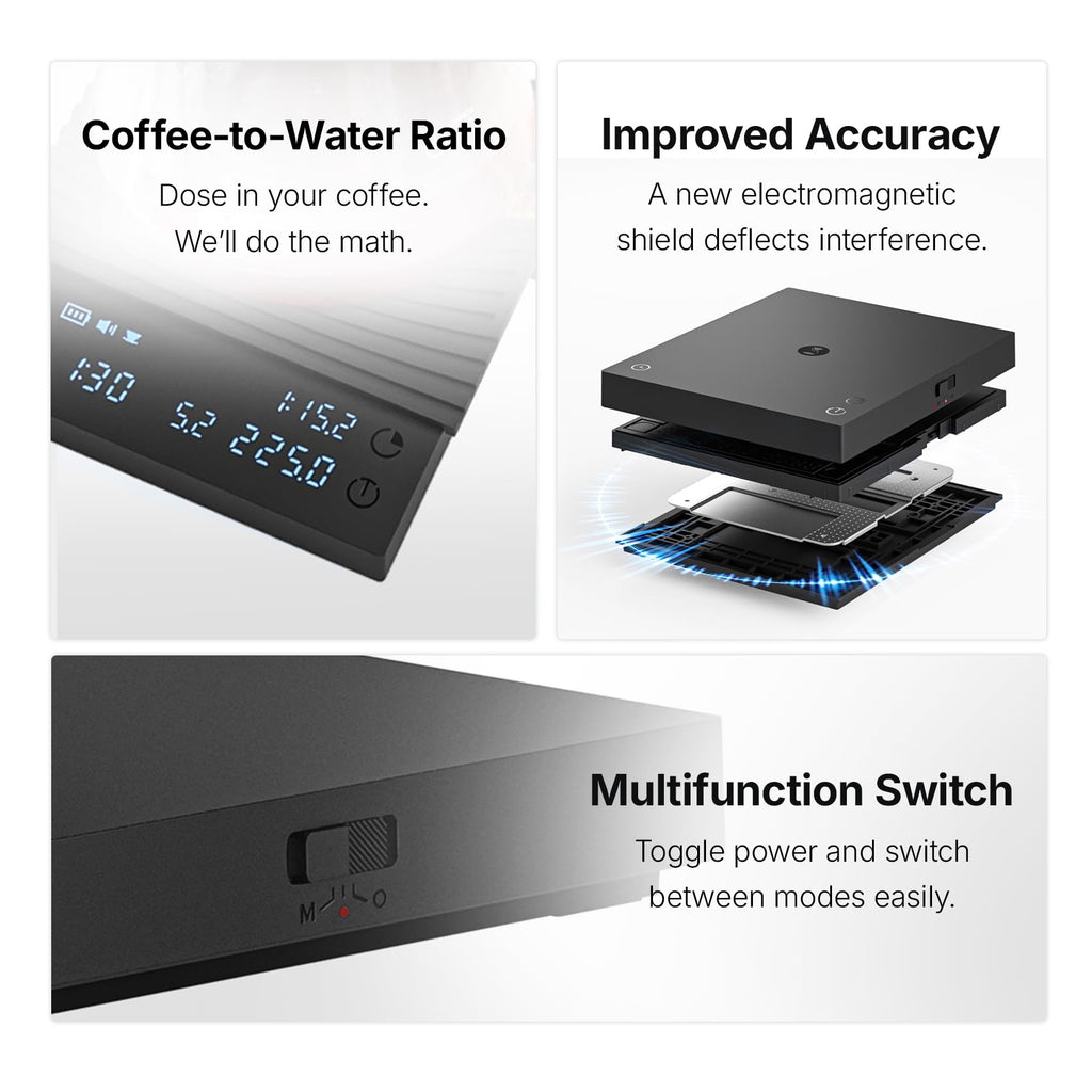 TIMEMORE Balance à Café Basic 3.0 avec Rapport Café-Eau/Debit d'Eau/Fonction Minuteur, Commutation Libre des Unités Ounce/kg, Balance Numérique pour Mode Espresso et Pourover, Noir