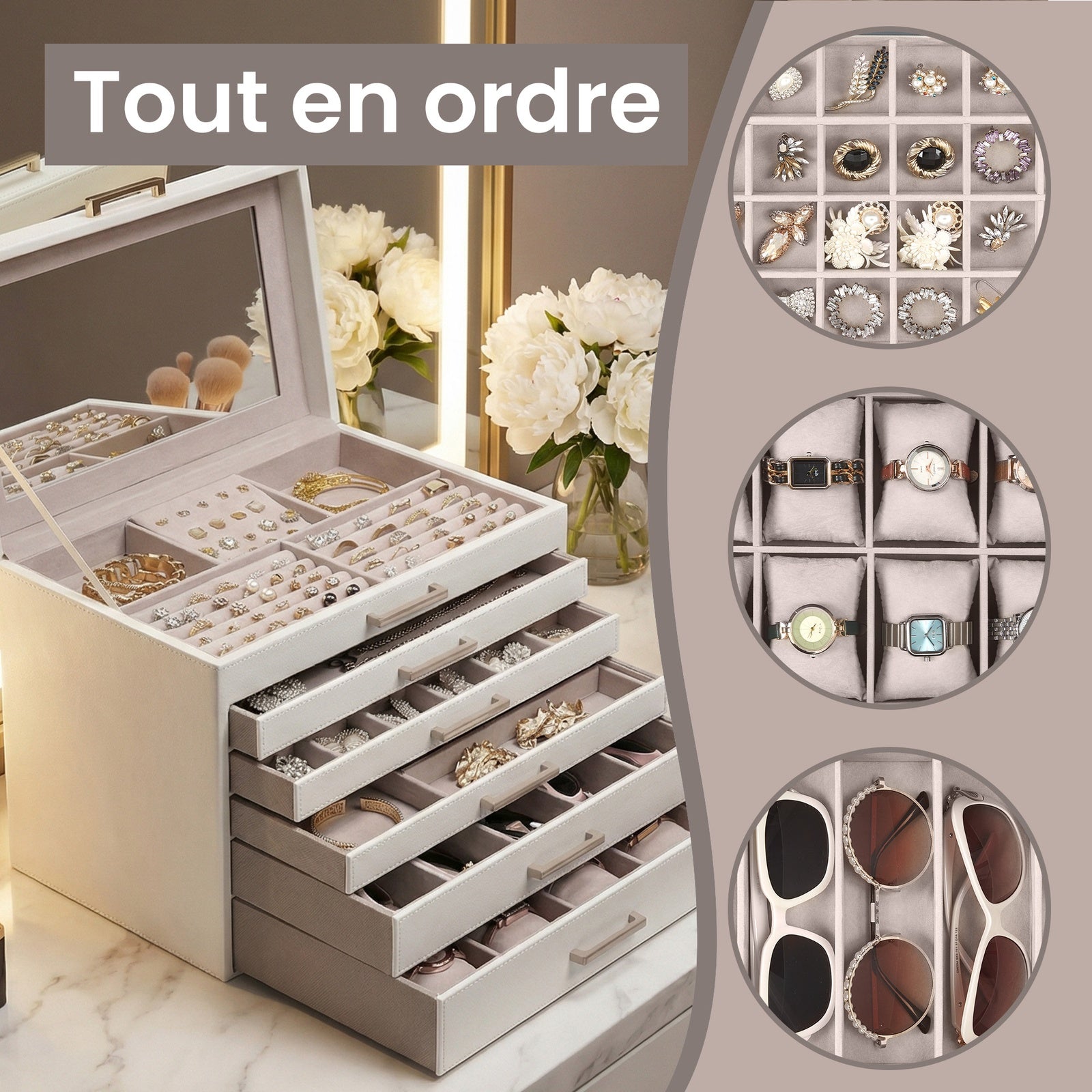 JOYFURNOS Boîte à Bijoux 6 Niveaux, Écrin à Accessoires, avec Grand Miroir, 5 Tiroirs, Rangement pour Bijoux, Moderne, Blanc