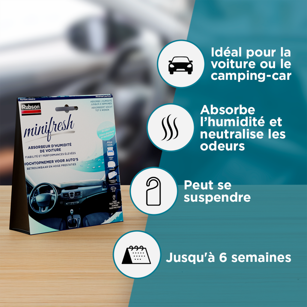 Rubson – Absorbeur d’Humidité Minifresh Voiture Parfum Neutre (2 sachets) – Anti-humidité & anti-odeurs pour véhicule, camping-car, caravane jusqu’à 2 m² – Déshumidificateur voiture sans électricité