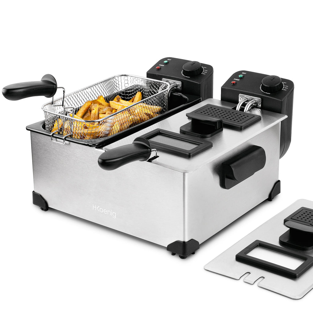H.KOENIG DFX600 Friteuse double bac 2x3L - 3600W - 2 thermostats indépendants - Paniers amovibles - Filtres anti-odeurs - Acier