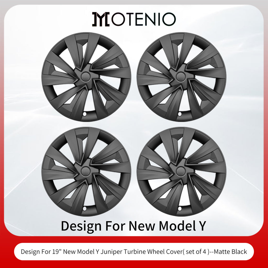 MOTENIO 4 pièces Enjoliveurs de roue haut de gamme pour Tesla Model Y Juniper (2025-2026) 19 po Enjoliveurs durables Noir mat Style turbine Couverture complète Caches-moyeux de roue