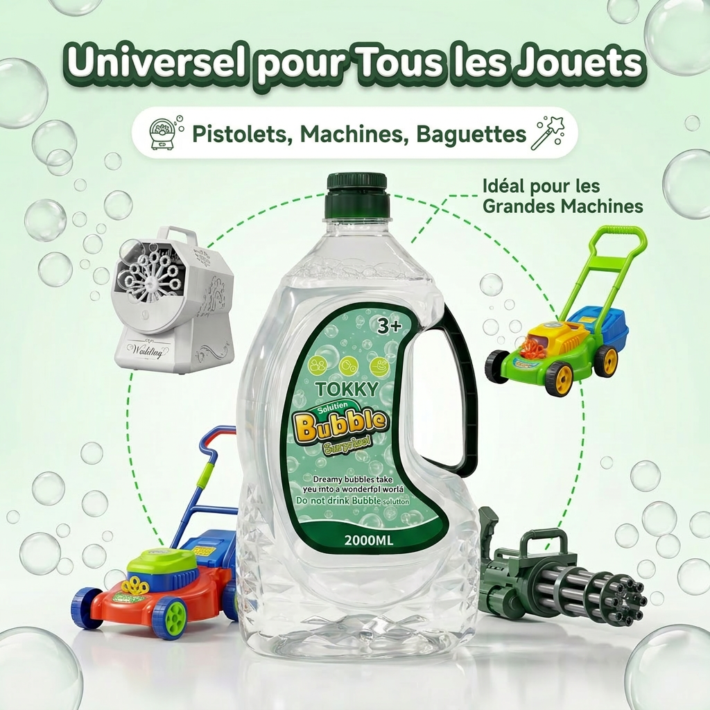 Recharge de solution à bulles concentrée Tokky 2000 ml - Fait 19 litres, sûre et non toxique, pour machines à bulles, pistolets à bulles, baguettes à bulles