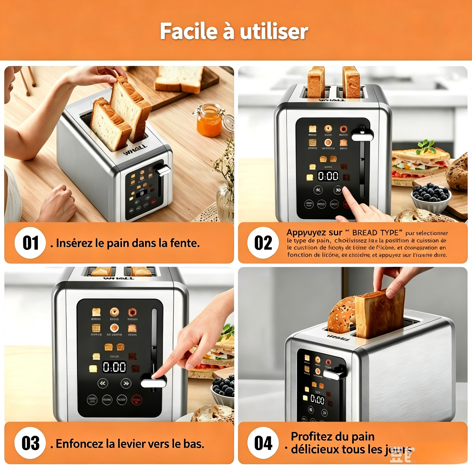WHALL Grille-pain numérique intelligent avec écran tactile, 2 tranches, fentes larges de 1,5 pouce, 6 niveaux de toast et 6 types de pain, fonction mémoire, minuteur, inox brossé