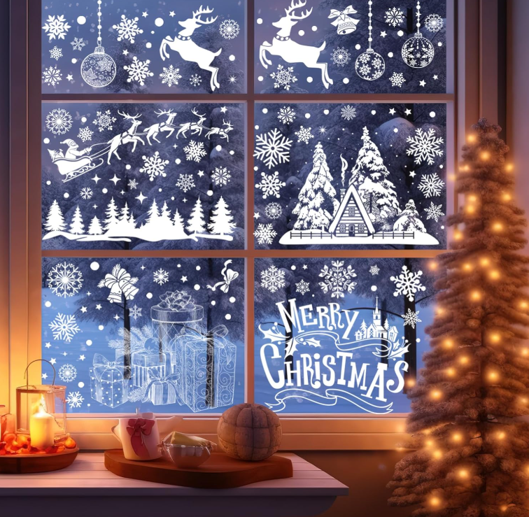 JU7CER Lot de 9 autocollants de fenêtre de Noël réutilisables et autocollants, motif flocons de neige blancs, autocollants de fenêtre en PVC double face