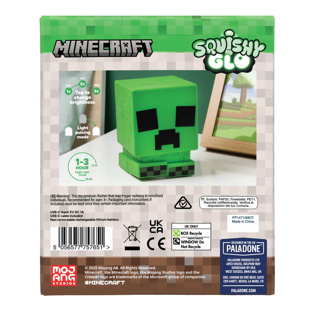 MINECRAFT Creeper SquishyGlo Lampe en Silicone Rechargeable - sous Licence Officielle - Changement de Couleur