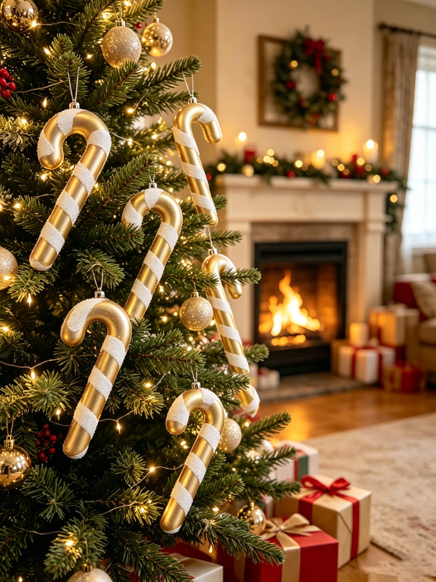 Ju7cer Lot de 6 pendentifs de sapin de Noël en rotin, pour décorer les sapins de Noël, convient pour les mariages, Pâques, anniversaires, vacances, Noël, décoration intérieure, or + blanc