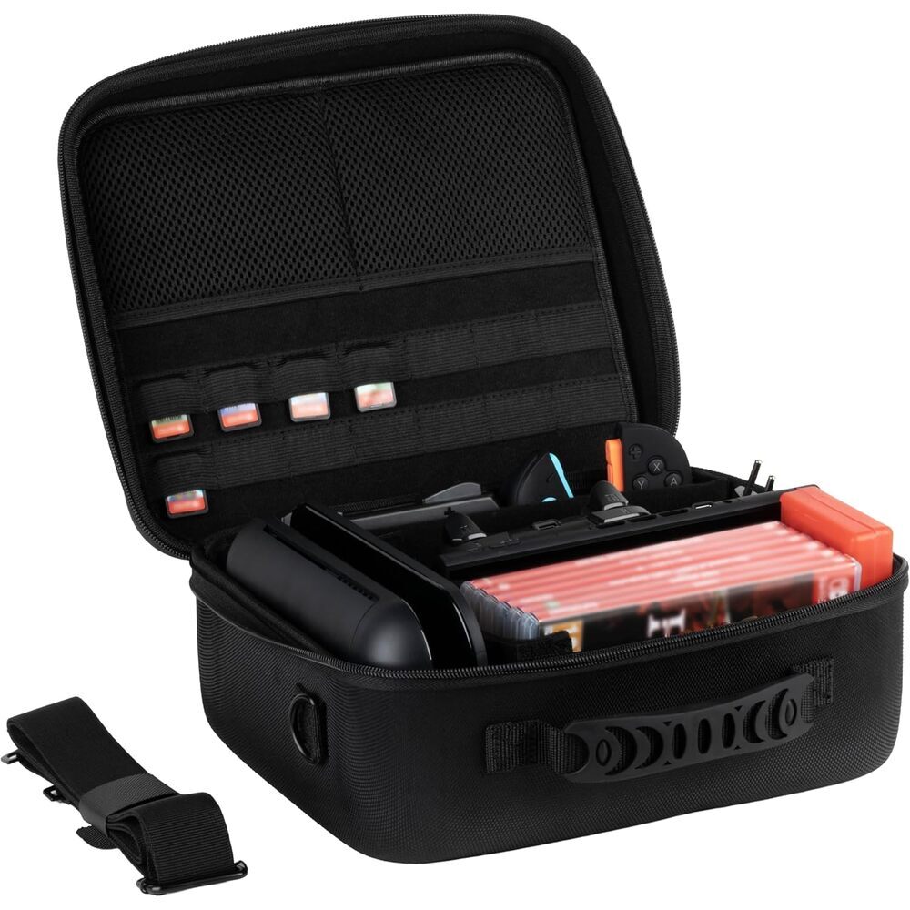 Konix Sacoche de protection et transport Big Carry Case console Nintendo Switch 2 - Filets rangement accessoires - 14 compartiments jeux - Noir