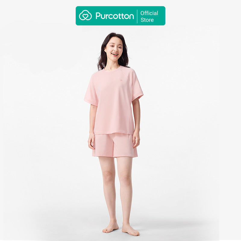 Purcotton Ensemble de loungewear en tricot antibactérien pour femme - Style short - Confortable et respectueux de la peau - Style reposant et décontracté