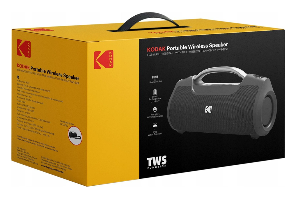Kodak Enceinte sans fil portable 60 W IPX6, batterie rechargeable 7,4 V/3600 mAh
