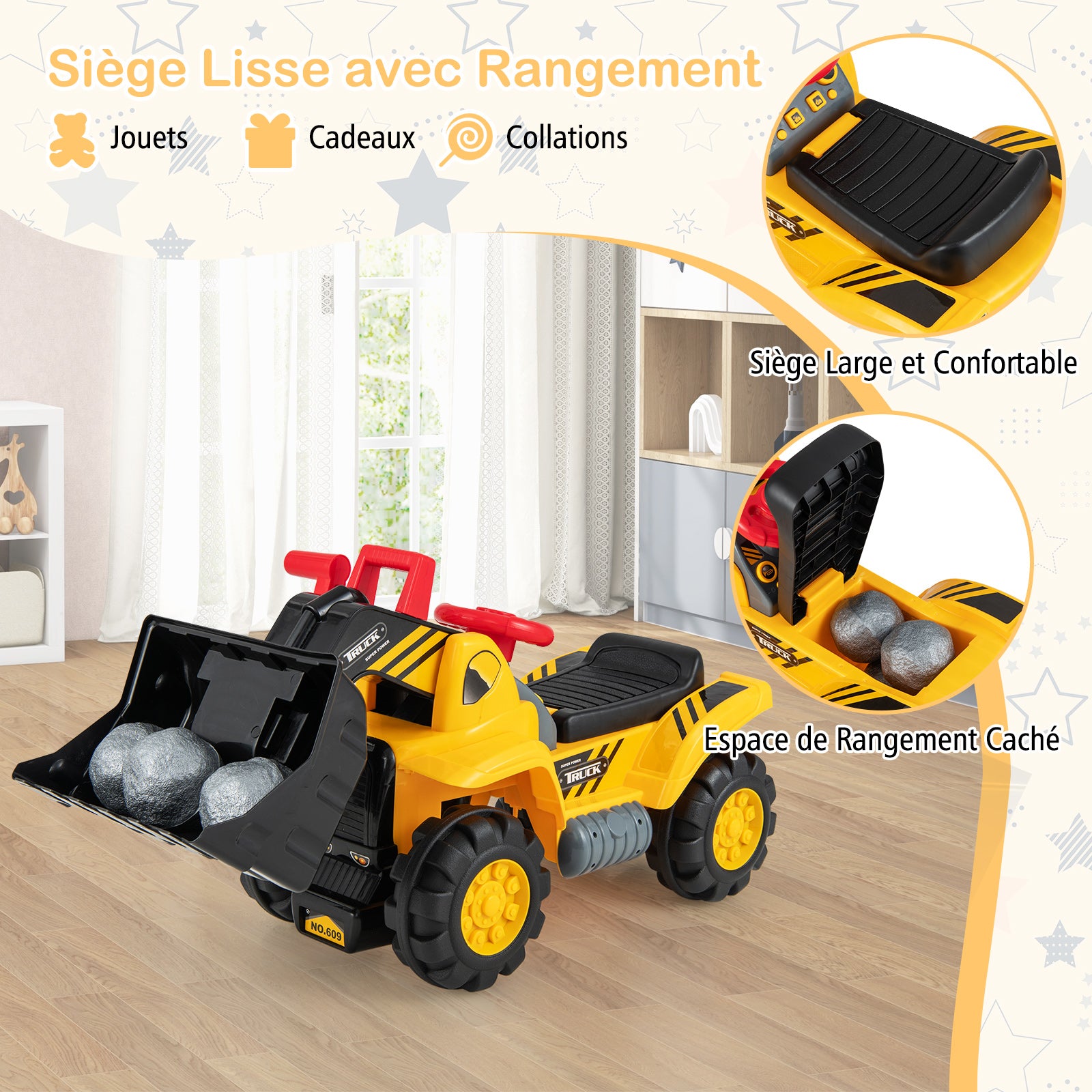 Costway Porteur pelleteuse pour enfants avec godet réglable et effets sonores
