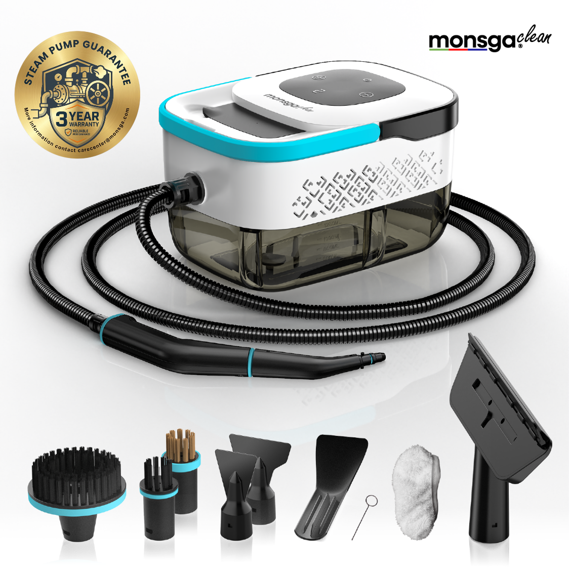 monsga Nettoyeur vapeur 1500 W à chauffe rapide, Prêt en 15 s & Pression de 3,5 bar, Grand réservoir de 1,6 L pour nettoyage de 120 m², Nettoyeur vapeur polyvalent robuste avec kit d’accessoires, Blanc
