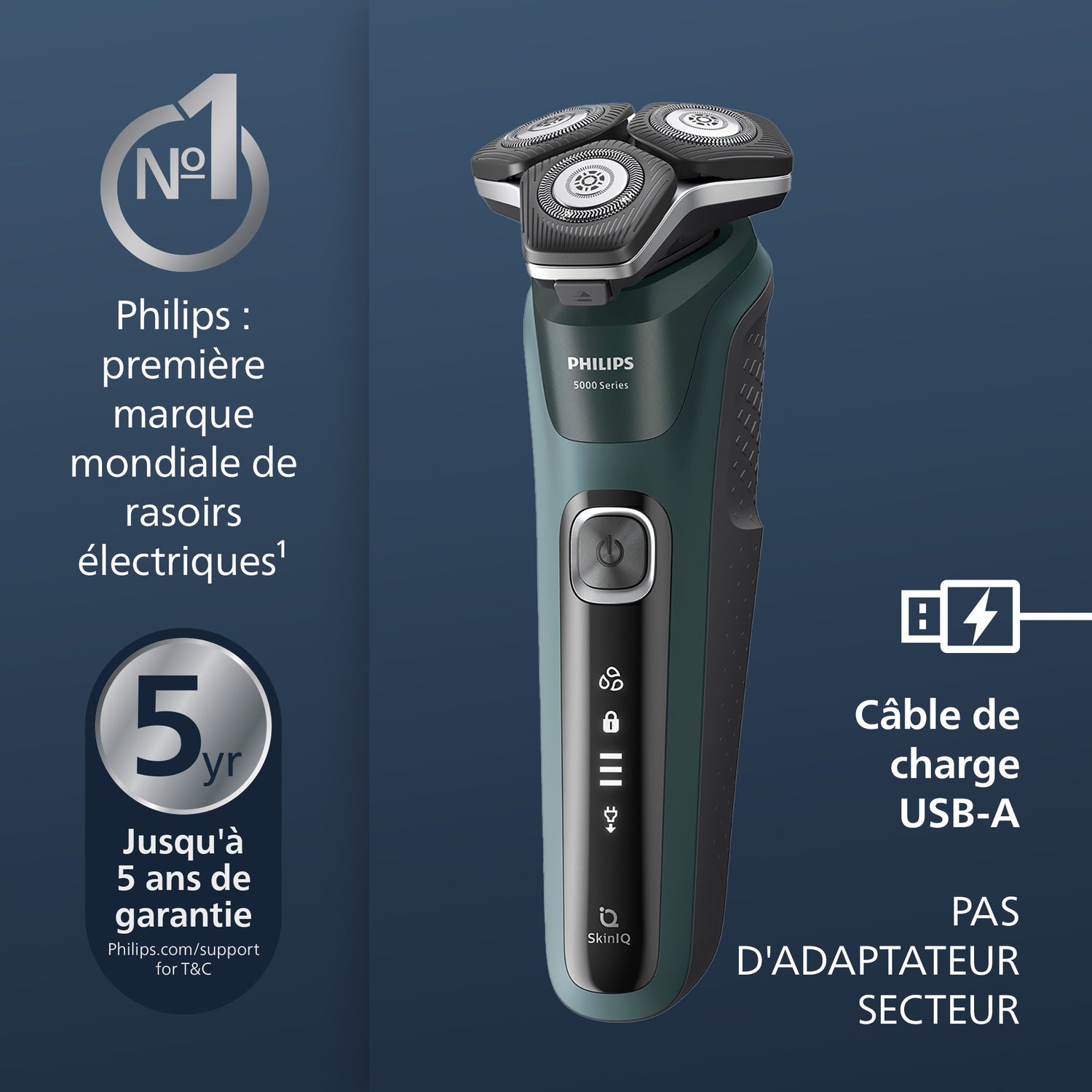 Philips Series 5000 S5887/35 Rasoir électrique avec lames SteelPrecision, capteur Power Adapt, têtes flexibles 360°, tondeuse rétractable, socle de charge - Noir