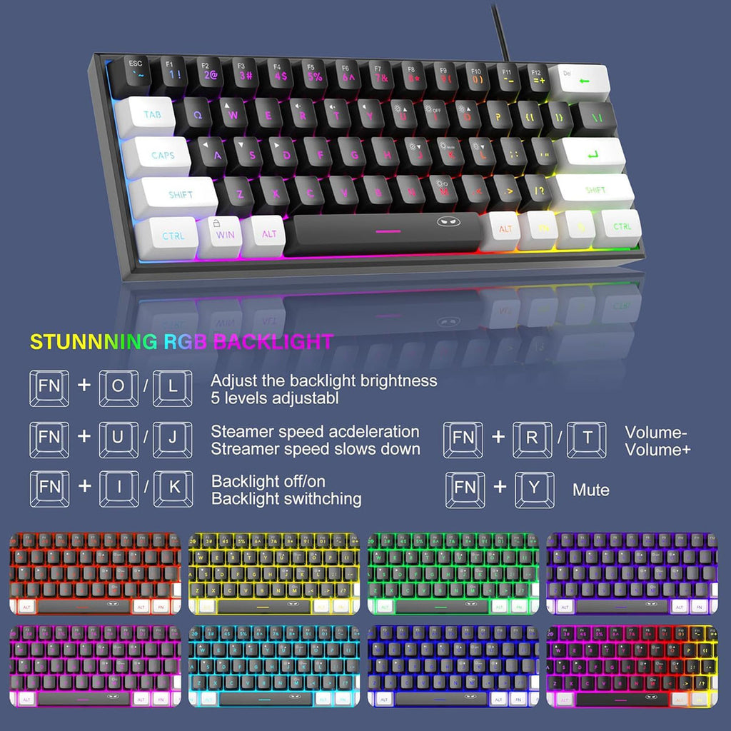 MageGee TS91 clavier de jeu filaire 60 %, disposition QWERTY US, rétroéclairage RGB, 61 touches, ultra-compact, TS91 ergonomique, étanche, à effet mécanique, pour PC, Mac, PS4, Xbox One, gamer (Blanc/Noir)