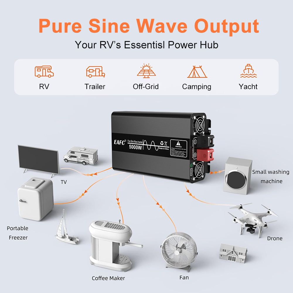 EAFC Convertisseur de puissance amorphe 5000 W à onde sinusoïdale pure (pic 5000 W / puissance nominale 2500 W) – Convertisseur de voiture 12 V CC vers 220 V CA avec prise universelle
