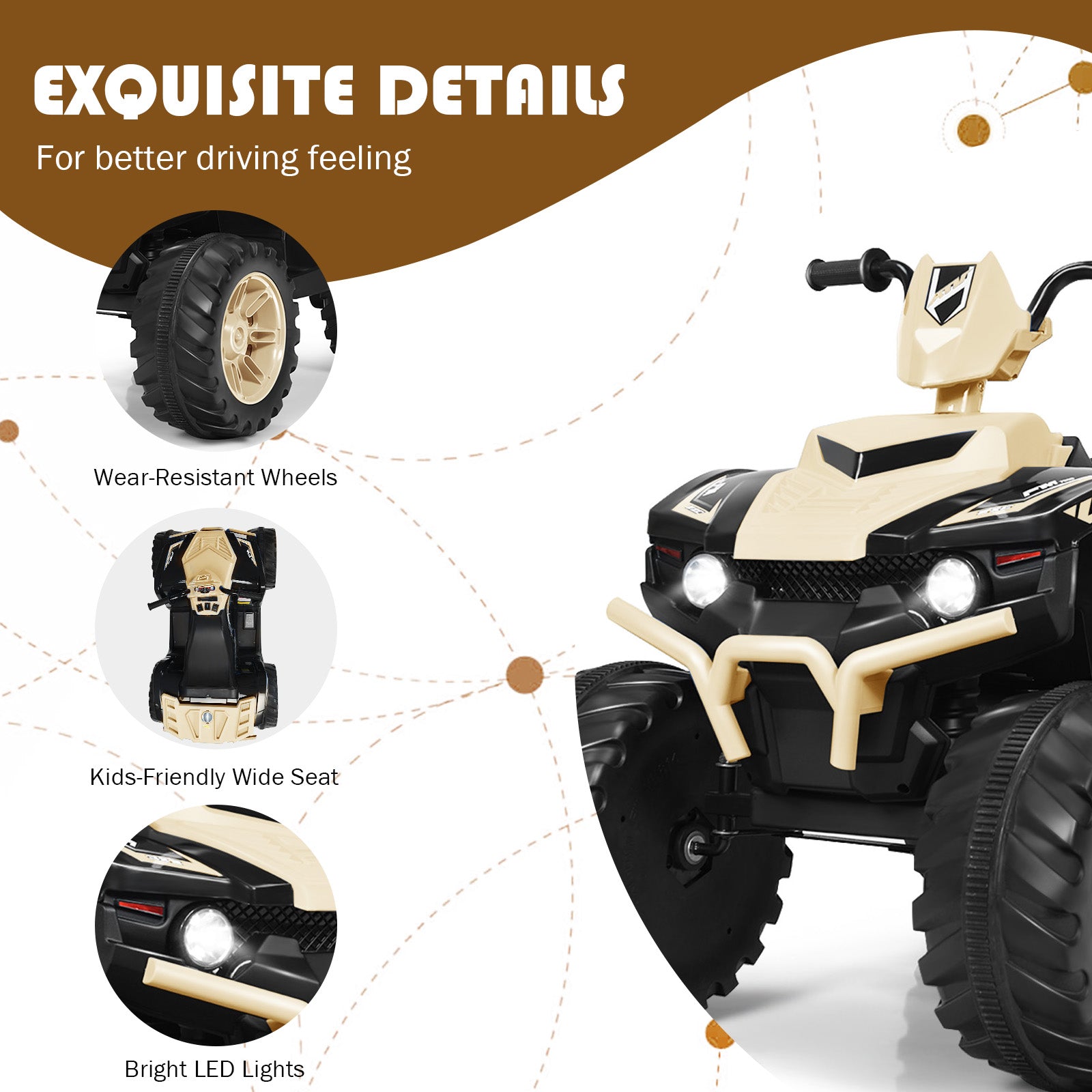 Costway Quad électrique pour enfants 12 V, avec musique et lumières LED, alimenté par batterie, siège confortable, 104 × 67 × 74 cm, Jaune terre