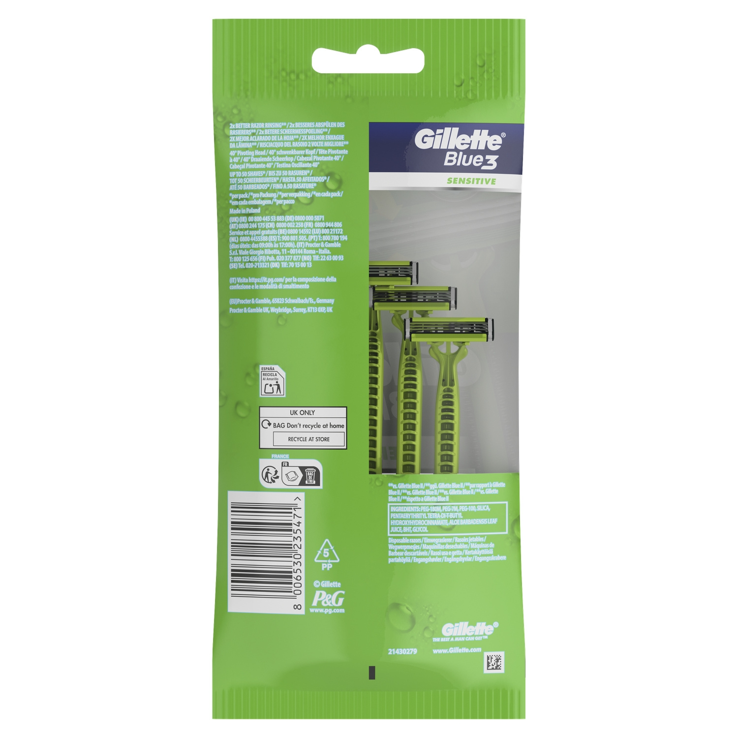 Gillette Blue 3 Sensitive Rasoirs Jetables - Lot de 5