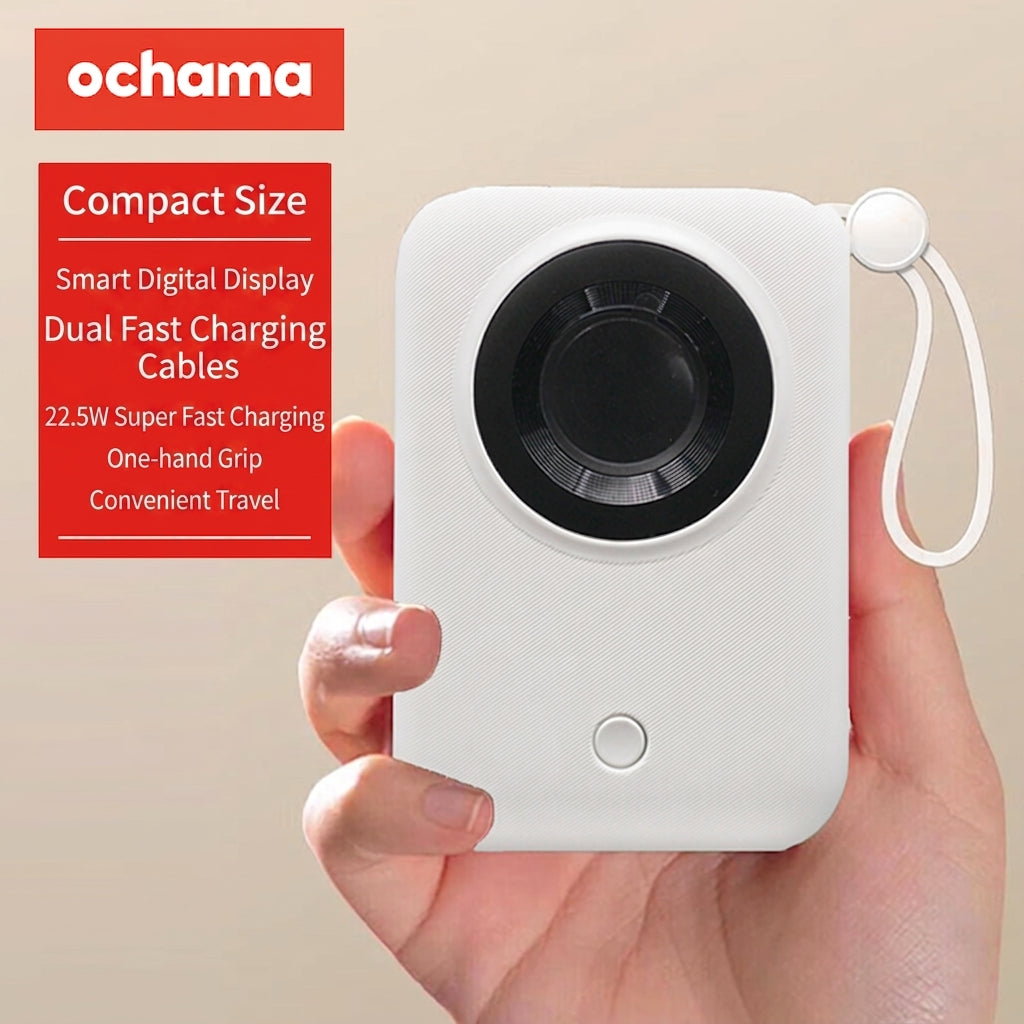 ochama Batterie Externe 10.000mAh, Charge Rapide 22,5W avec Double Câbles Intégrés, Affichage LED, Chargeur Portable Compact, Lightning/USB-C/USB-A, Compatible avec Apple