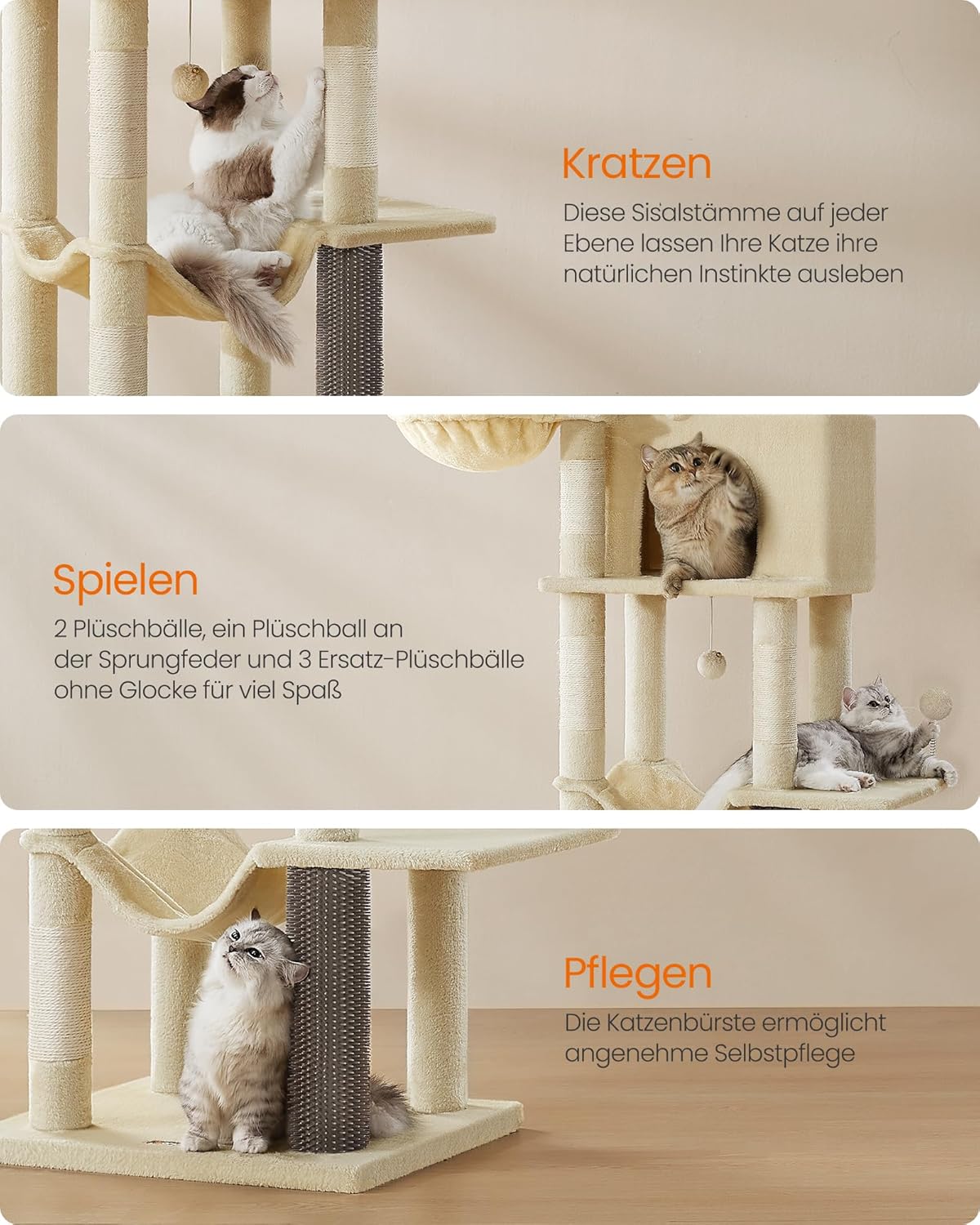 Feandrea Griffoir pour chat grand 75" de haut XXL arbre à chat multi-niveaux avec 2 niches, 2 paniers, 5 colonnes à griffer, brosse pour chat, grande plateforme, sable beige