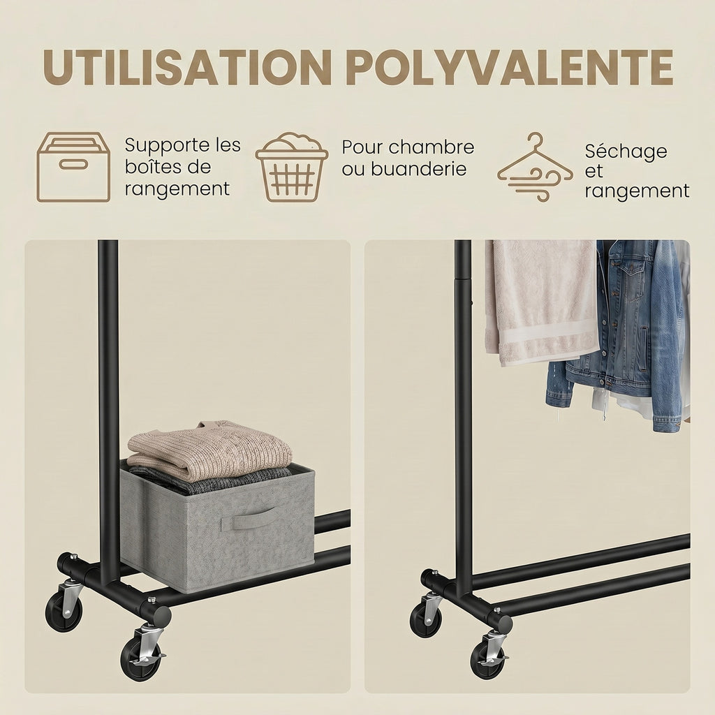 Ochama Portant à Vêtements Extensible, Tringle Robuste avec Roulettes, Penderie Mobile pour Chambre, Montage Facile, Noir