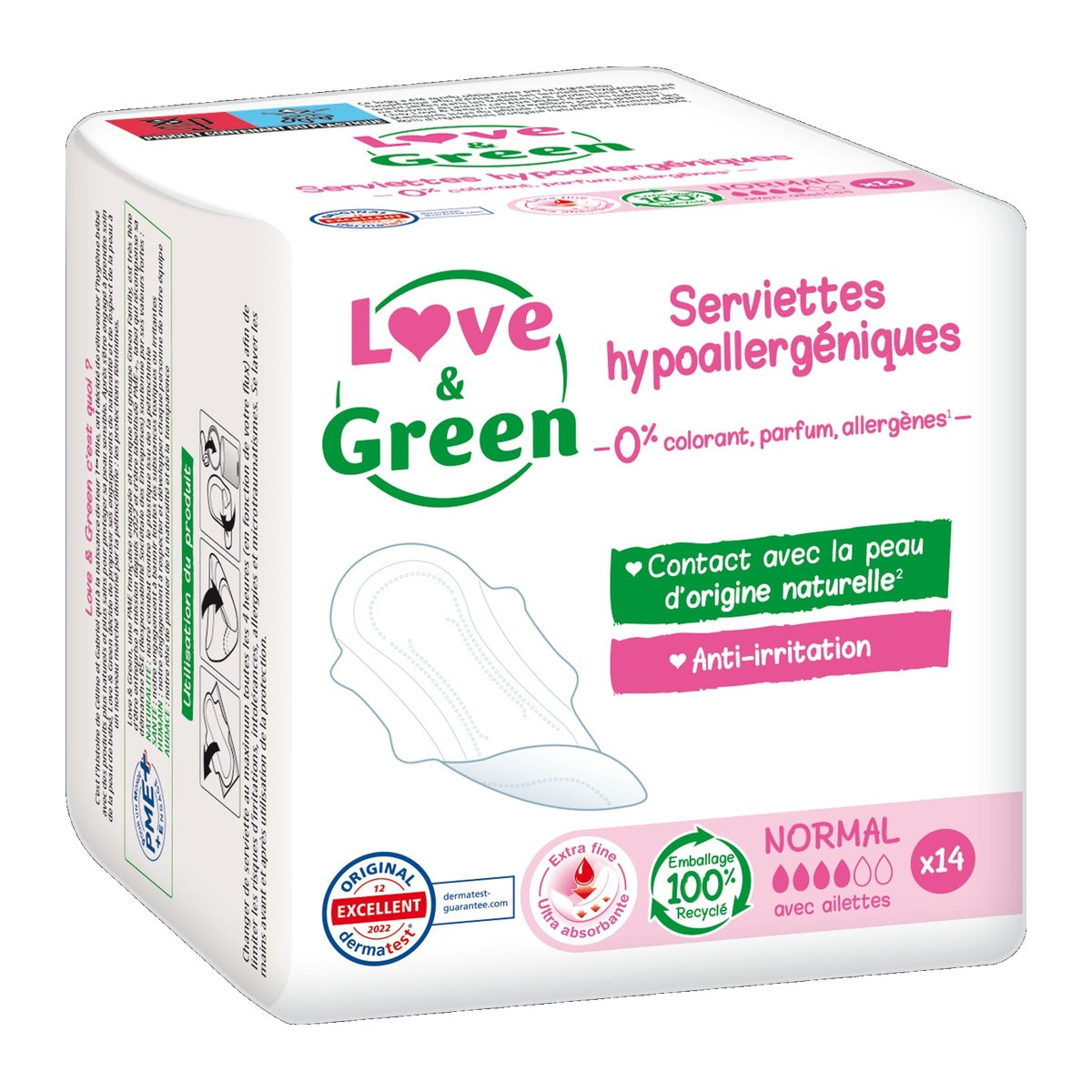 Love&Green Serviettes hygiéniques écologiques hypoallergéniques avec ailettes Normal - 14 serviettes