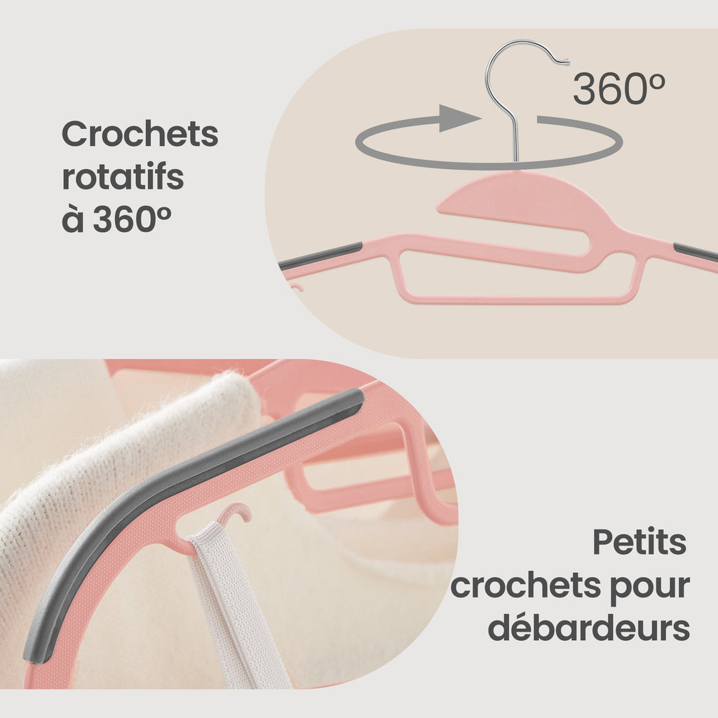 JOYFURNOS Lot de 50 cintres, cintres en plastique fins avec crochet antirouille pivotant à 360° et ouverture en forme de U pour un retrait facile des T-shirts