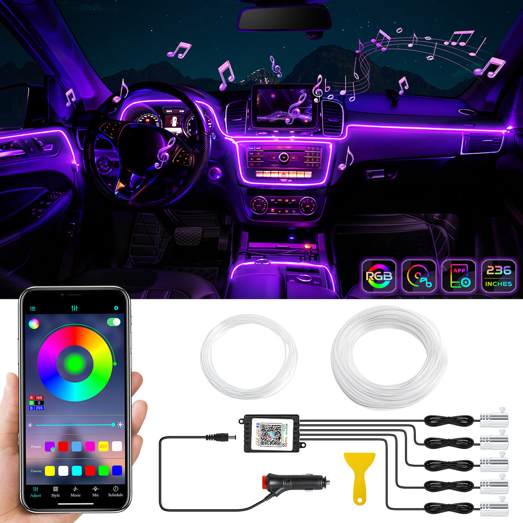 Bande lumineuse LED d’intérieur de voiture en acrylique, prise en charge du contrôle sans fil via application, RGB couleurs féeriques cinq-en-un