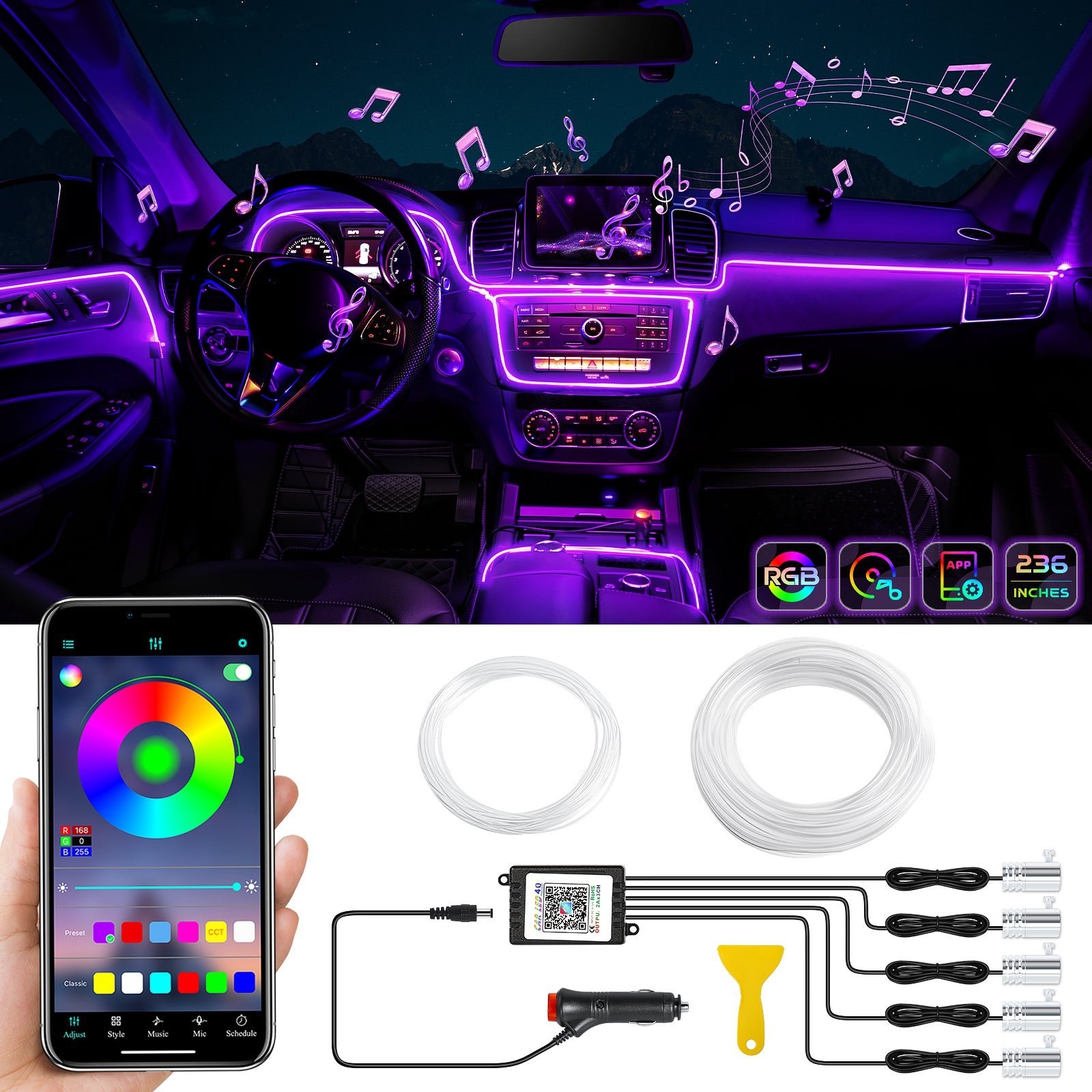 Bande lumineuse LED d’intérieur de voiture en acrylique, prise en charge du contrôle sans fil via application, RGB couleurs féeriques cinq-en-un