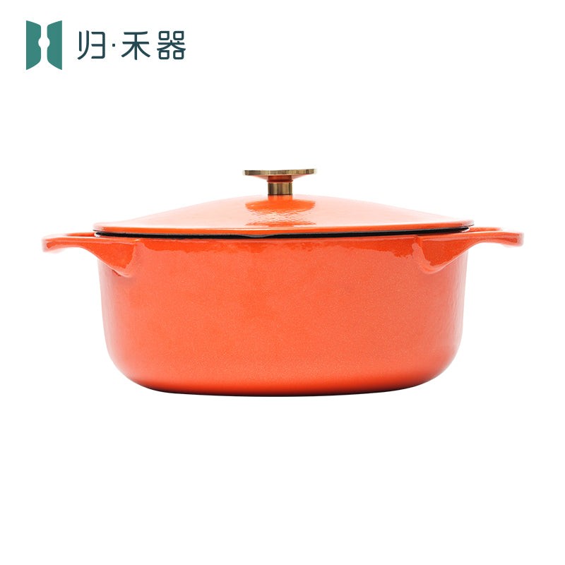 Guiheqi Édition limitée - Cocotte en fonte émaillée à double anse, fond plat, pression douce - 22 cm, 3 L - Orange vermillon kaki