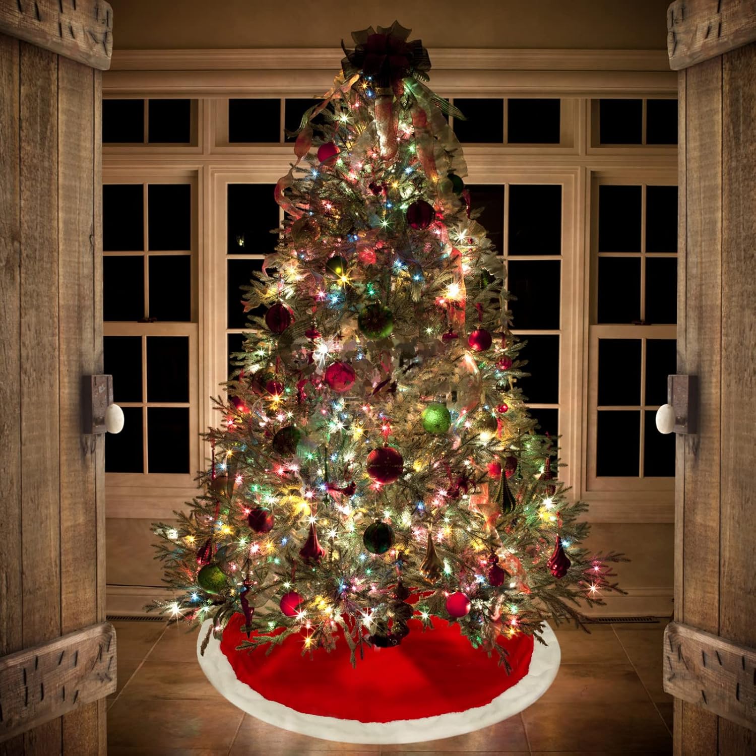 SALCAR Jupe de sapin de Noël ronde en fausse fourrure pelucheuse rouge - 80 cm